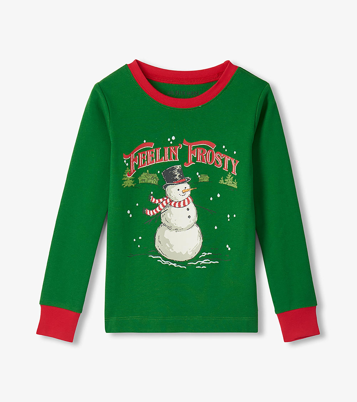 Green kids pajama top with red trim, snowman graphic, and 'Feelin' Frosty' text