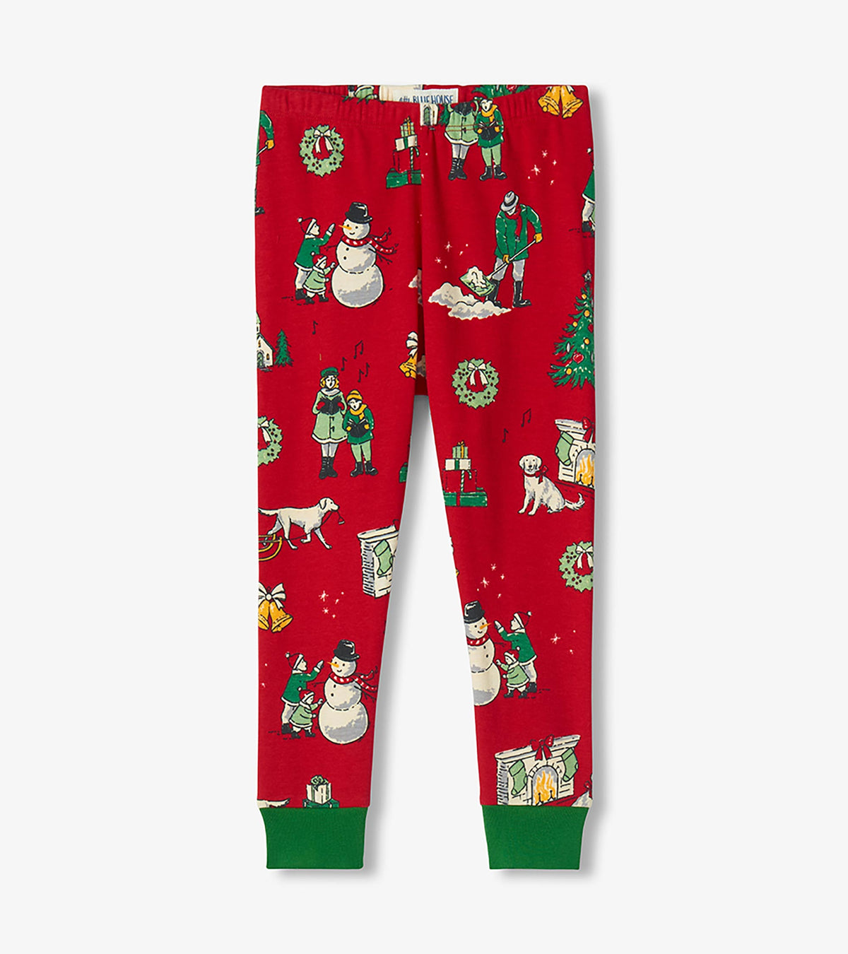 Red kids pajama pants with winter holiday print and green ankle cuffs