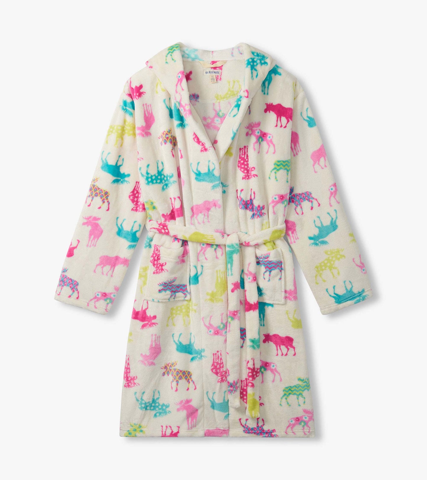 Cream fleece robe with colorful moose print, hood, tie belt, and front pockets, shown front view.