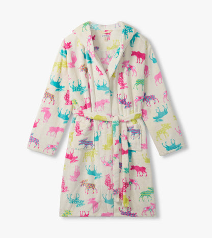 Cream fleece robe with colorful moose print, hood, tie belt, and front pockets, shown front view.