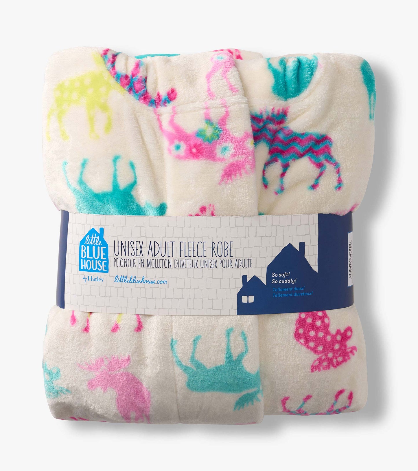 Folded cream fleece robe with colorful moose pattern and packaging band