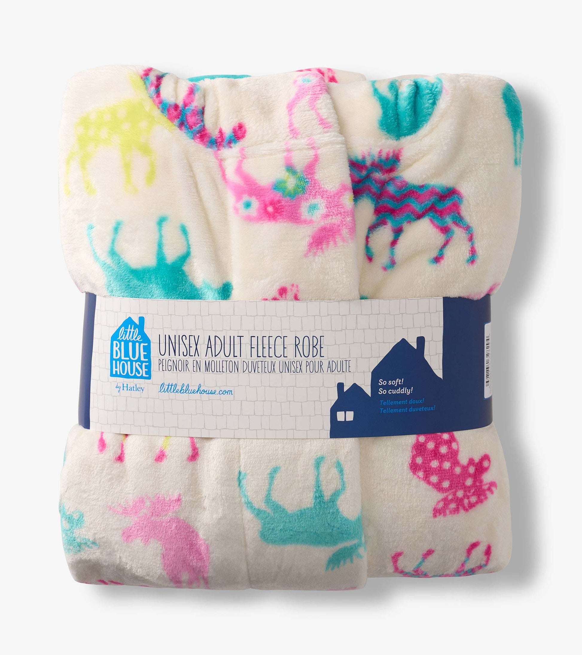 Folded cream fleece robe with colorful moose pattern and packaging band