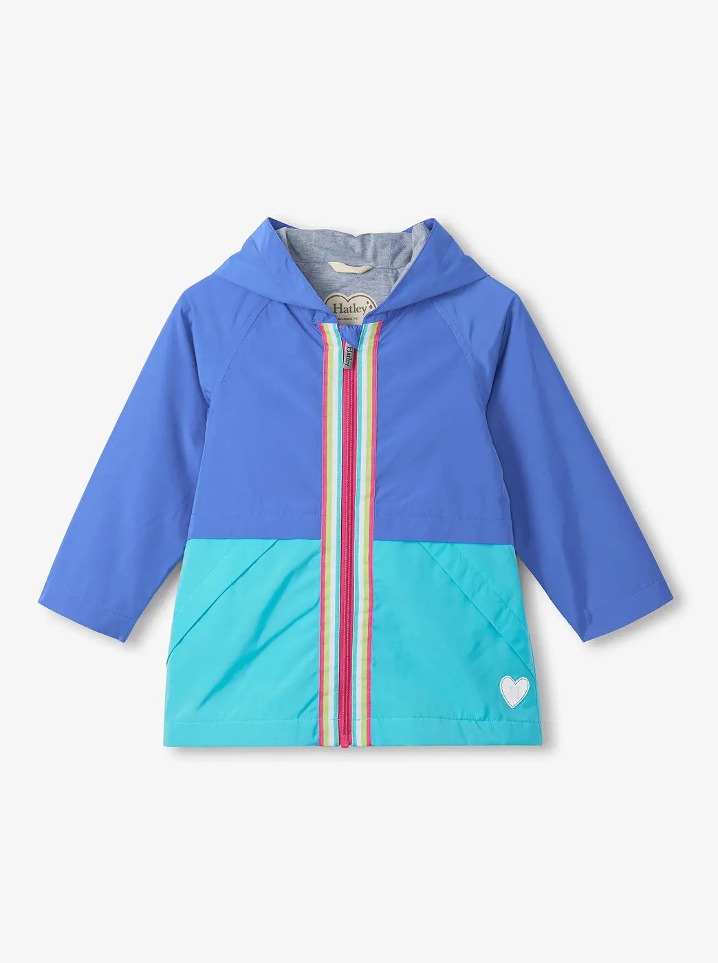 Shop rain jackets collection. Showing blue and turquoise hooded kids rain jacket with striped zipper trim.