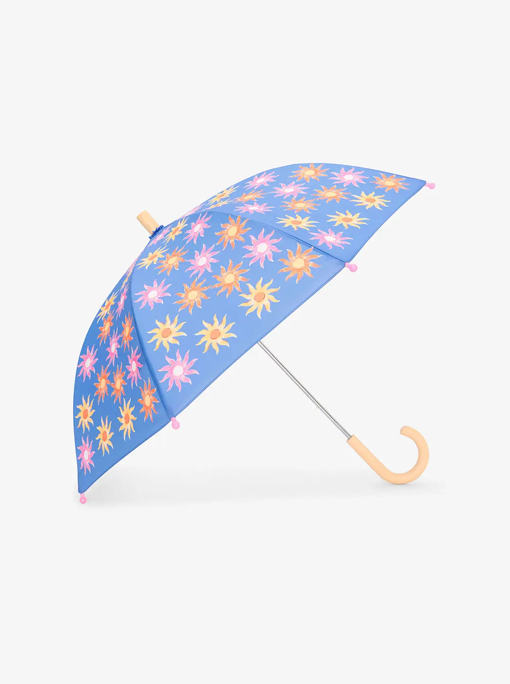 Promotes the umbrellas category. Showing blue umbrella with pink and yellow sun print.
