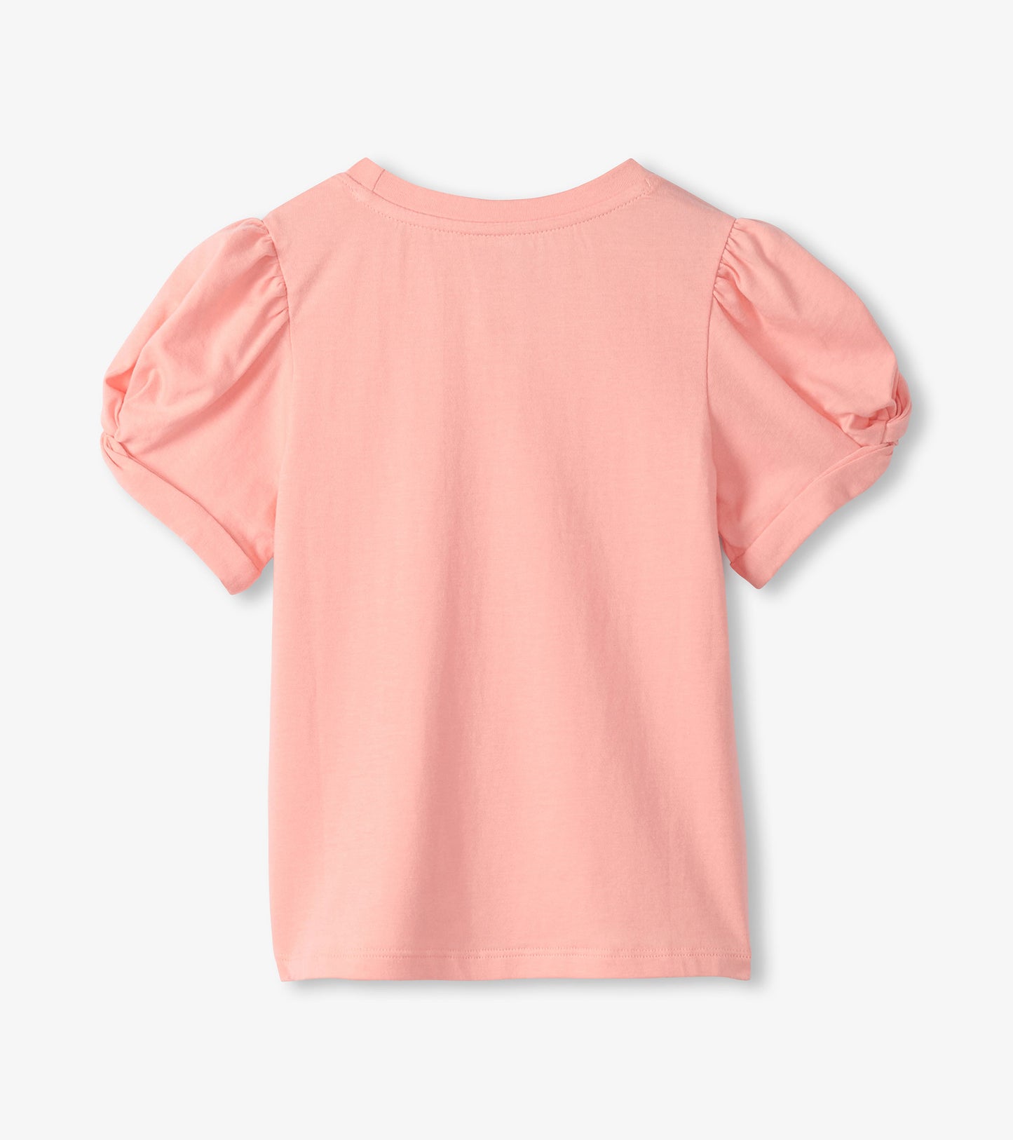 Back view of apricot blush girls T-shirt with crew neck, puff sleeves, and twisted cuffs