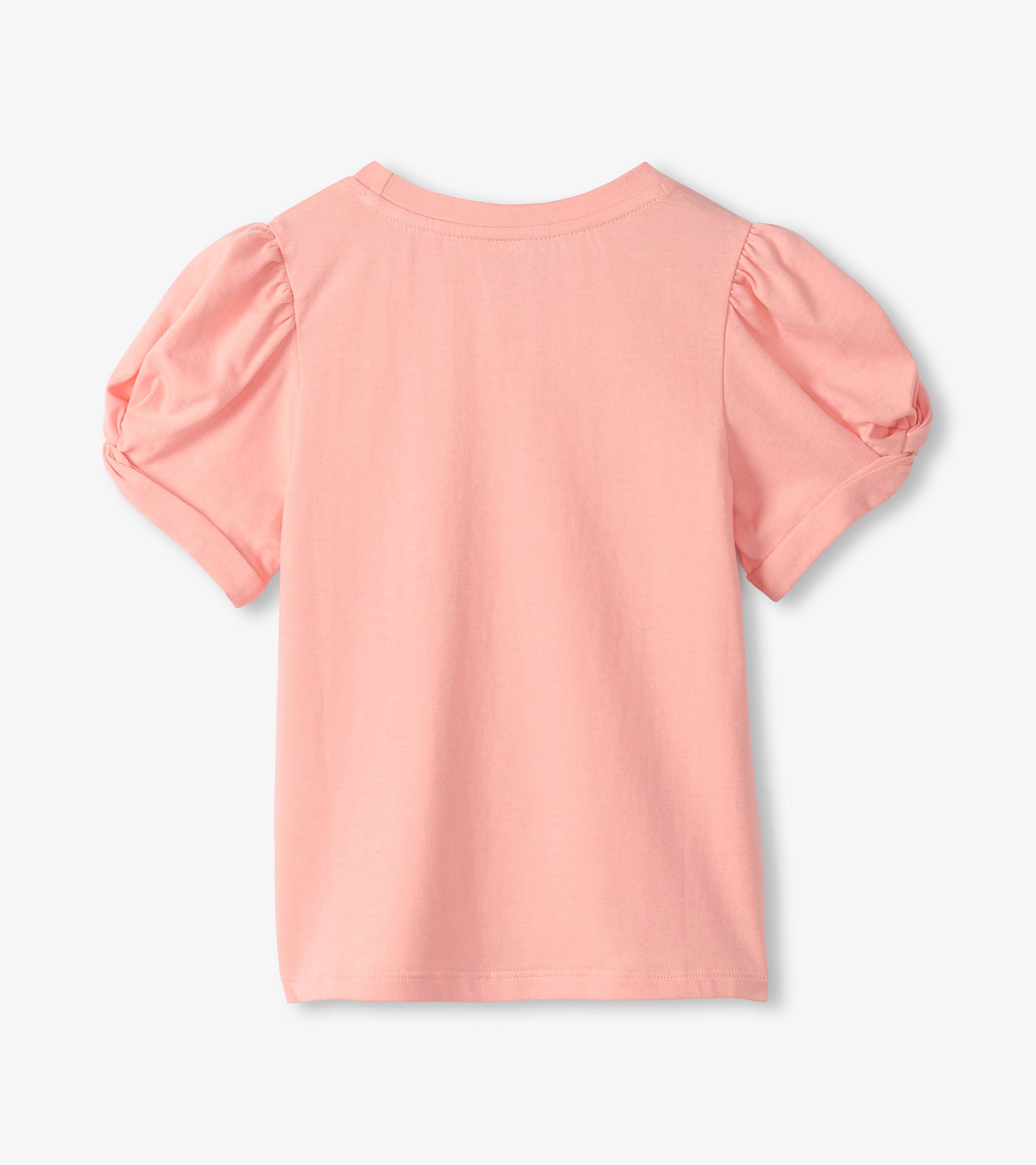 Back view of apricot blush girls T-shirt with crew neck, puff sleeves, and twisted cuffs