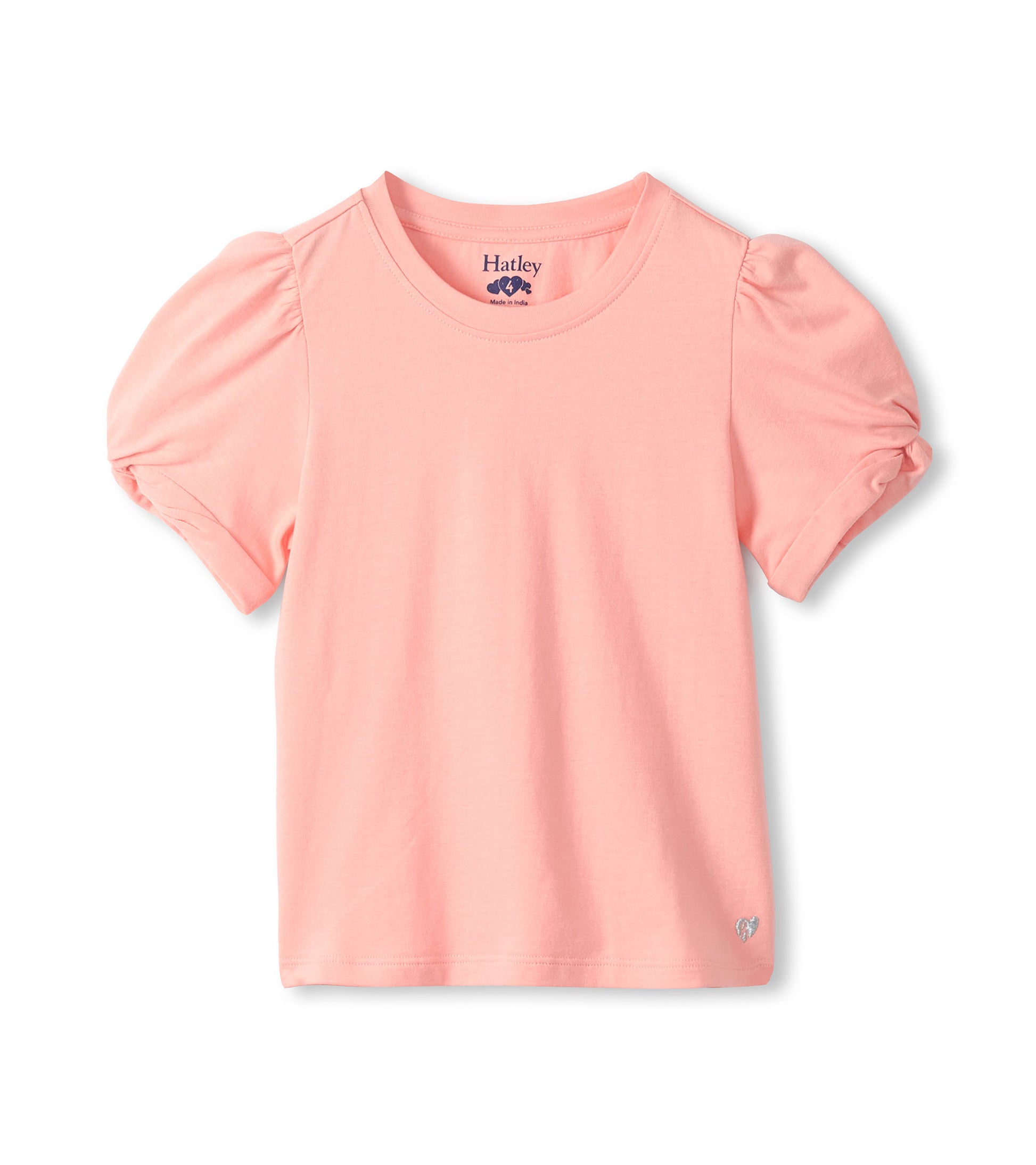 Front view of apricot blush girls T-shirt with crew neck, puff sleeves, twisted cuffs, and small heart detail