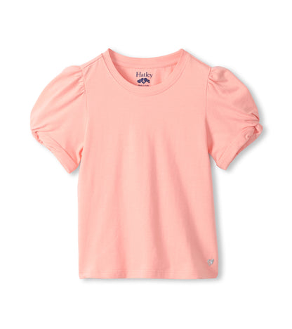 Front view of apricot blush girls T-shirt with crew neck, puff sleeves, twisted cuffs, and small heart detail
