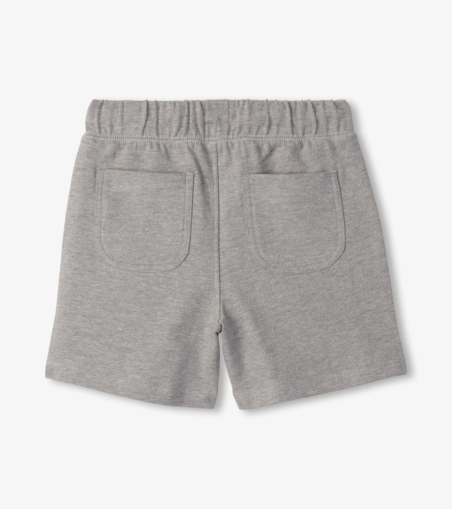 Grey heathered boys athletic shorts with elastic waistband and back patch pockets, back view