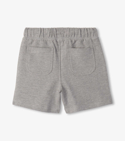 Grey heathered boys athletic shorts with elastic waistband and back patch pockets, back view