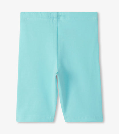 Aqua blue girls bike shorts, front view, with a smooth stretch fit and wide waistband.