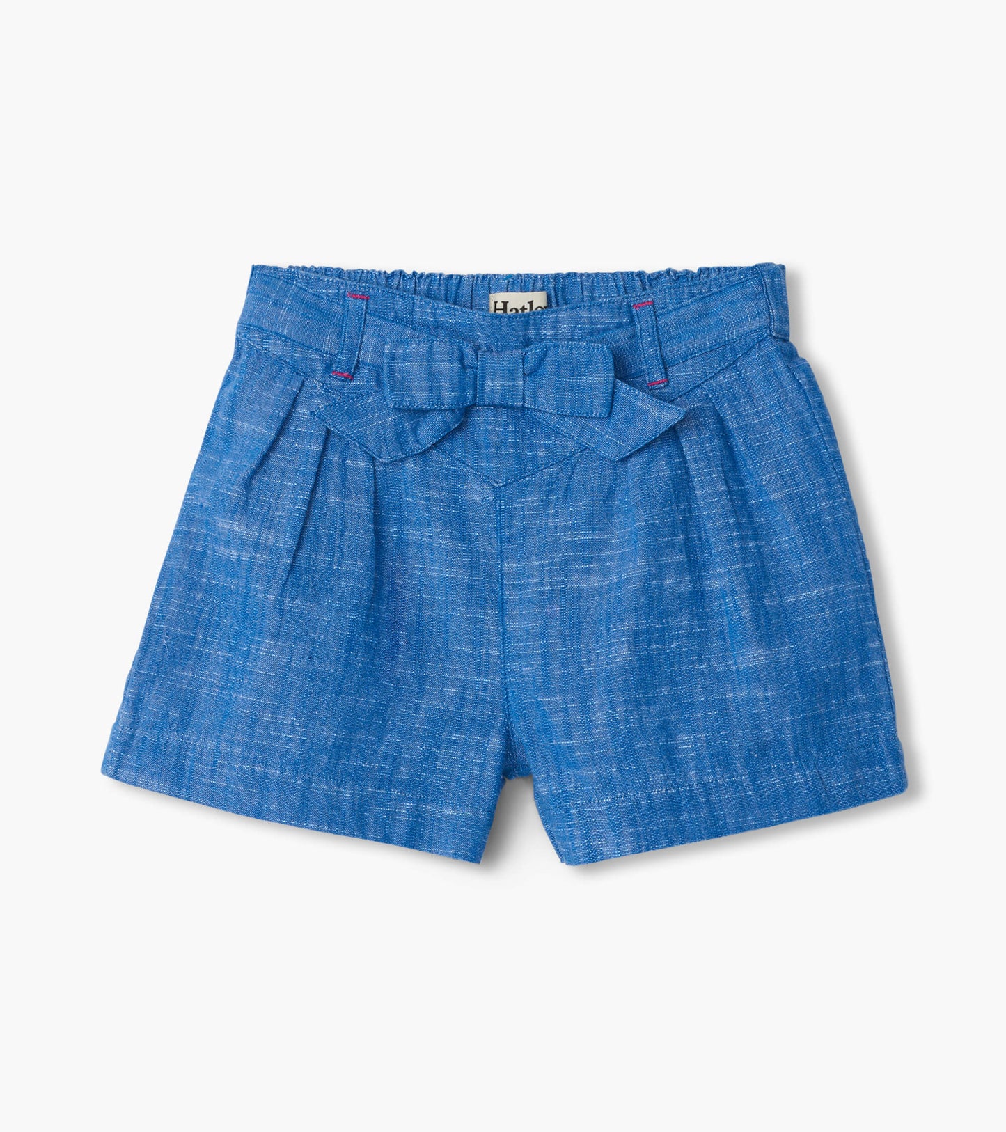 Blue chambray girls' paper bag shorts with bow detail, front view