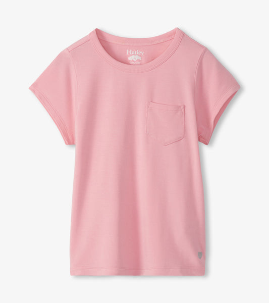 Light pink girls short-sleeve T-shirt with crew neck and chest pocket, front view