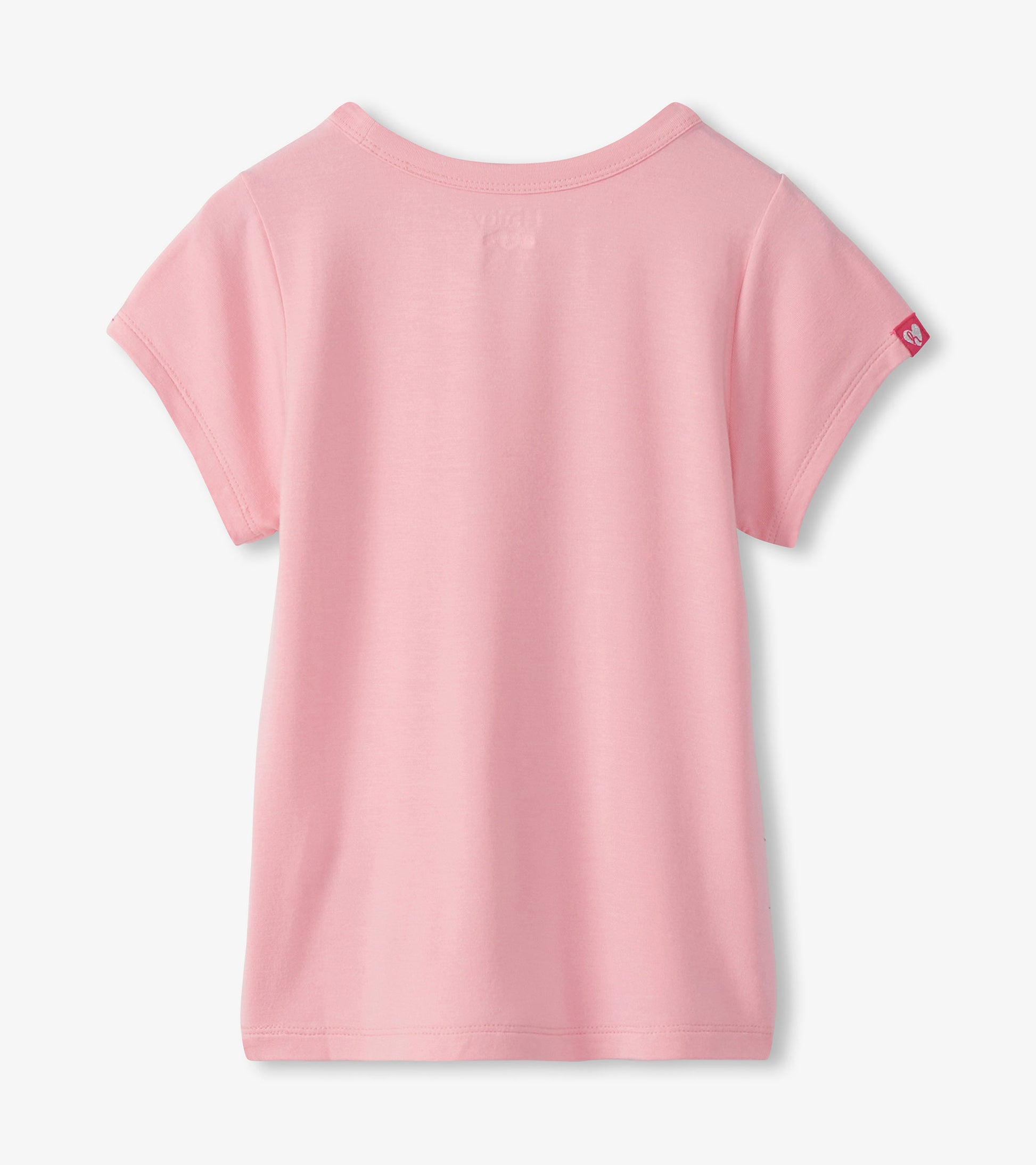 Girls light pink short-sleeve T-shirt, back view, with crew neck and small sleeve logo tag