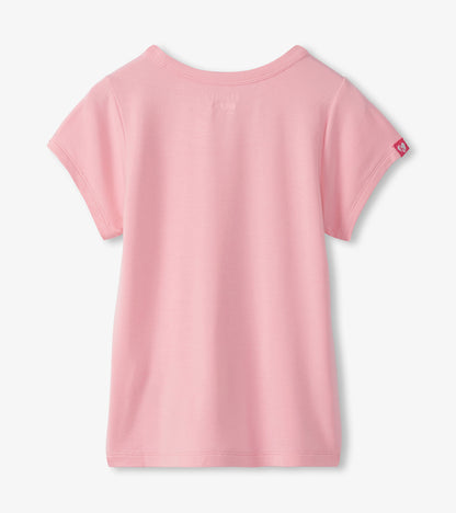 Girls light pink short-sleeve T-shirt, back view, with crew neck and small sleeve logo tag
