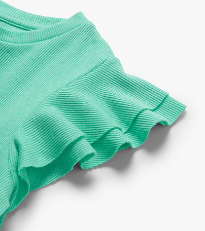 Mint green ribbed knit tank top with ruffled sleeves and hem, close-up detail view