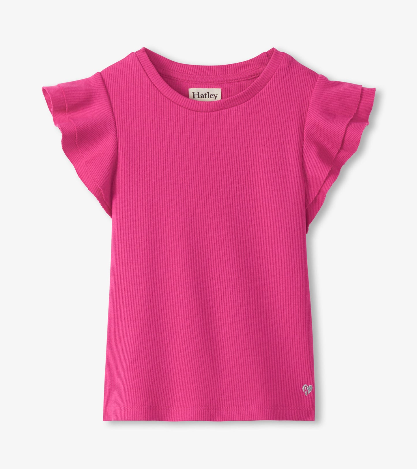 Pink ribbed girls tank top with ruffle sleeves, front view