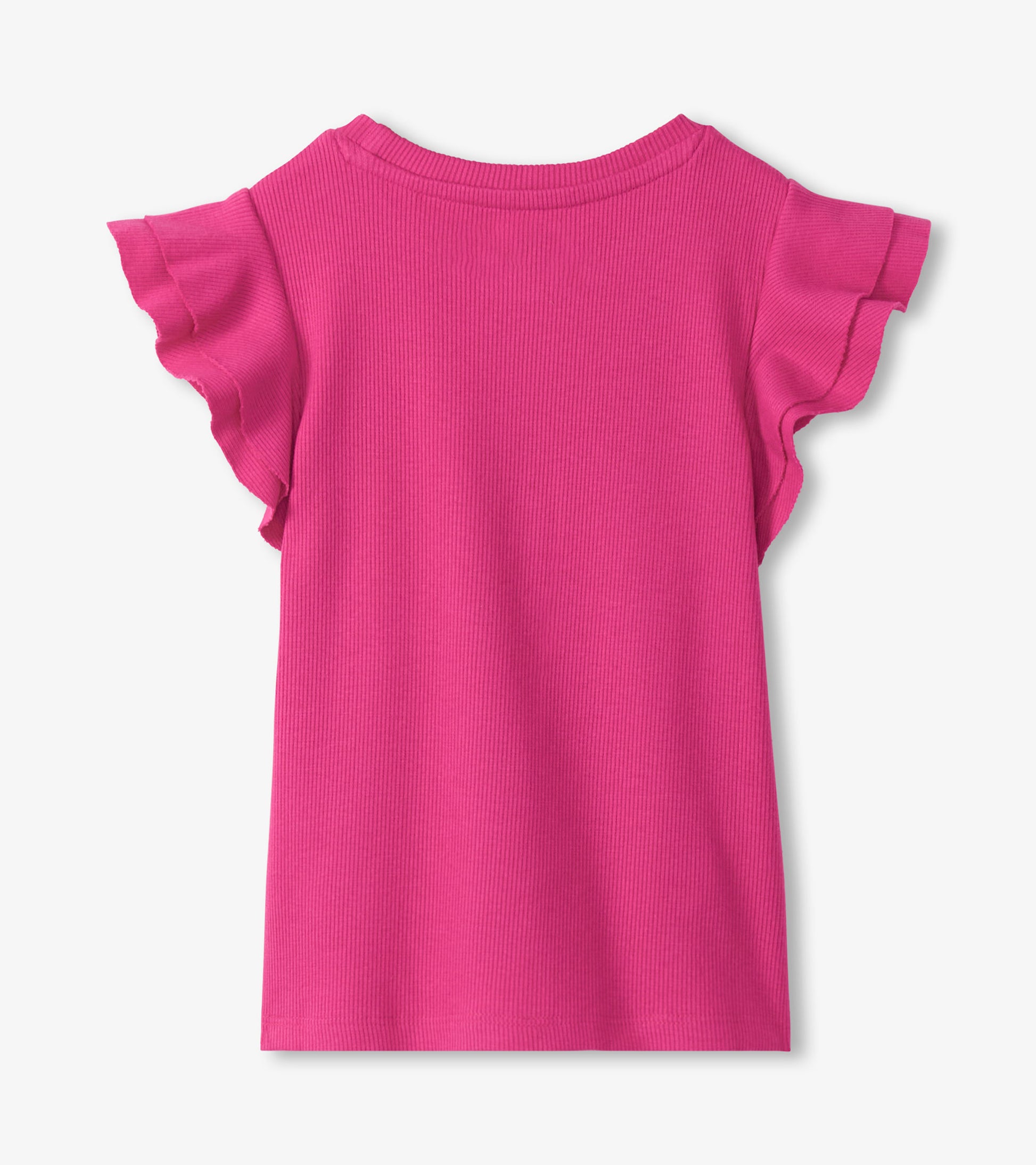 Pink ribbed girls tank top with ruffle sleeves, front view