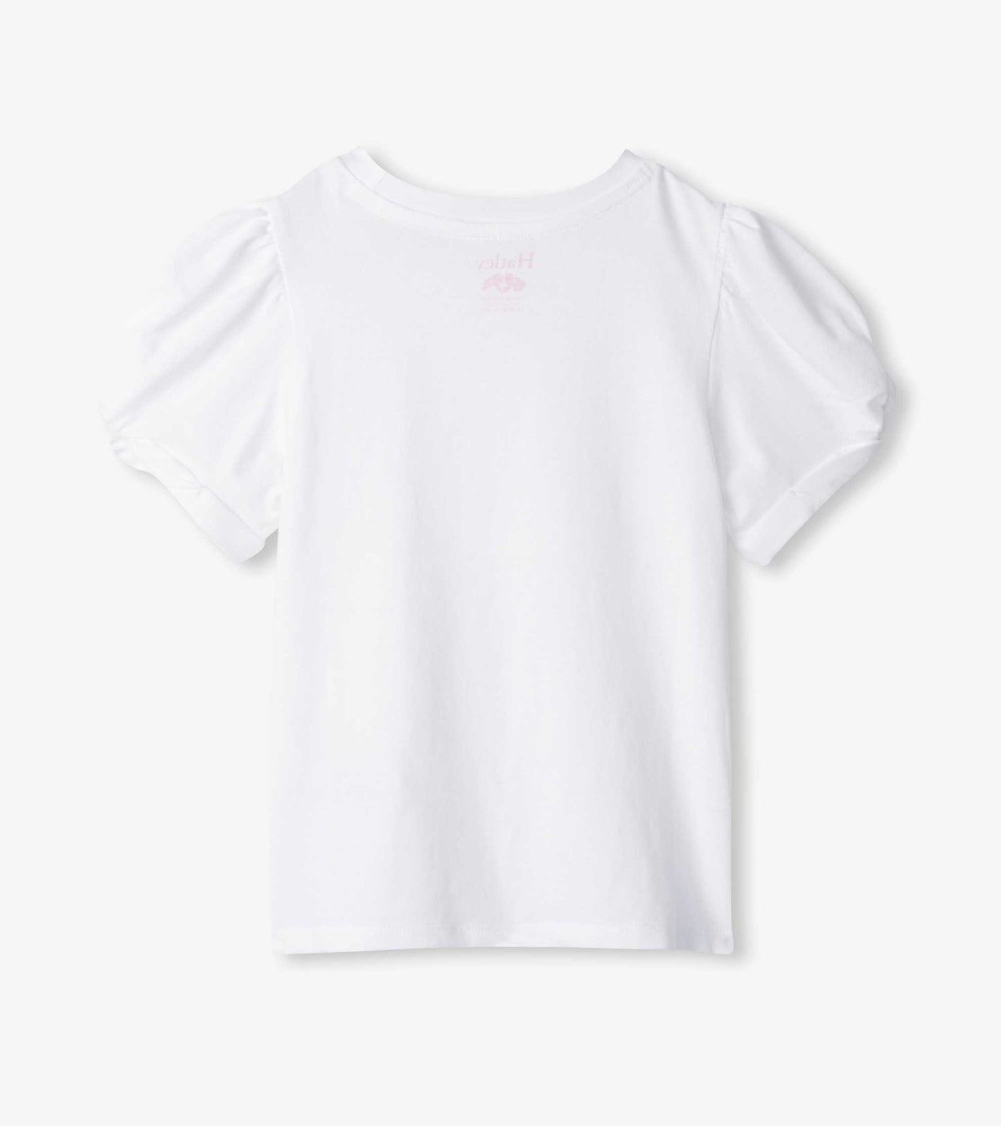 White girls' tee with twisted short sleeves and crew neck, front view
