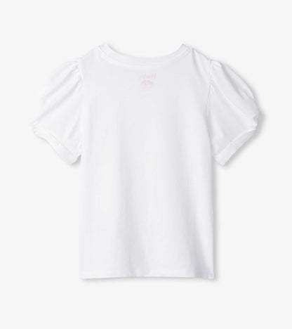 White girls' tee with twisted short sleeves and crew neck, front view
