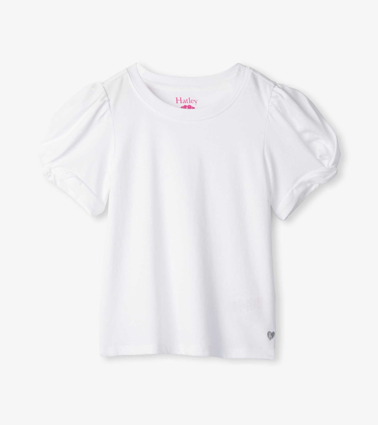White girls short-sleeve tee with twisted puff sleeves and crew neckline, front view