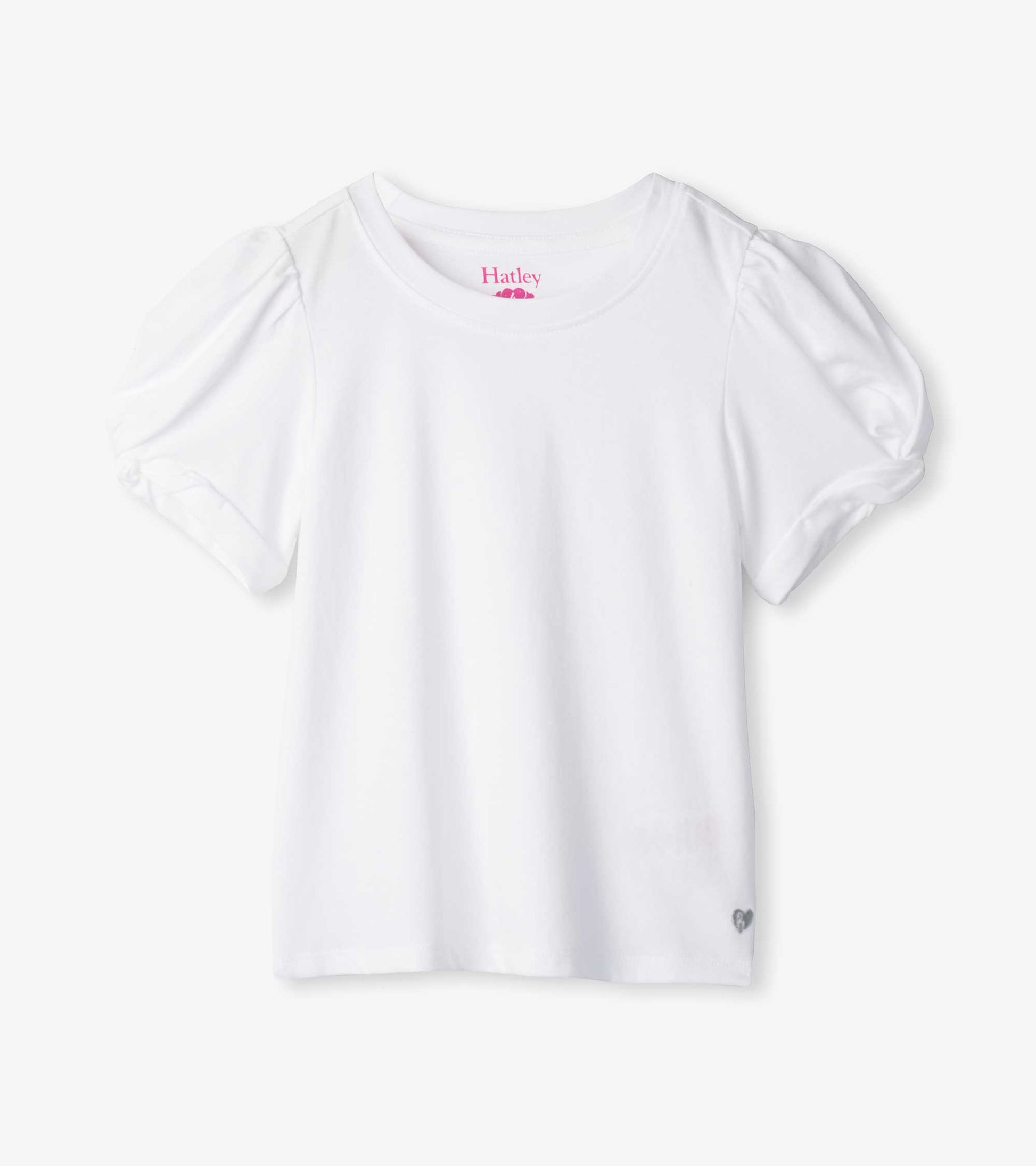 White girls short-sleeve tee with twisted puff sleeves and crew neckline, front view