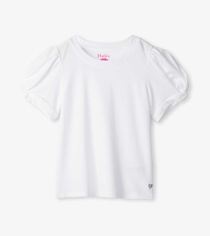 White girls short-sleeve tee with twisted puff sleeves and crew neckline, front view