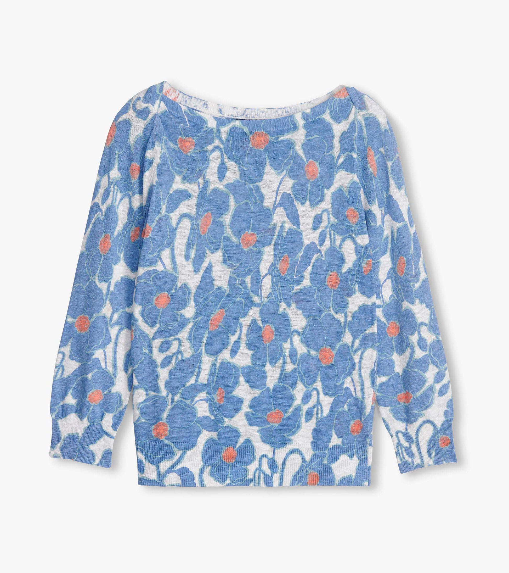 Flat lay of blue floral knit Breton top with boat neckline and long sleeves
