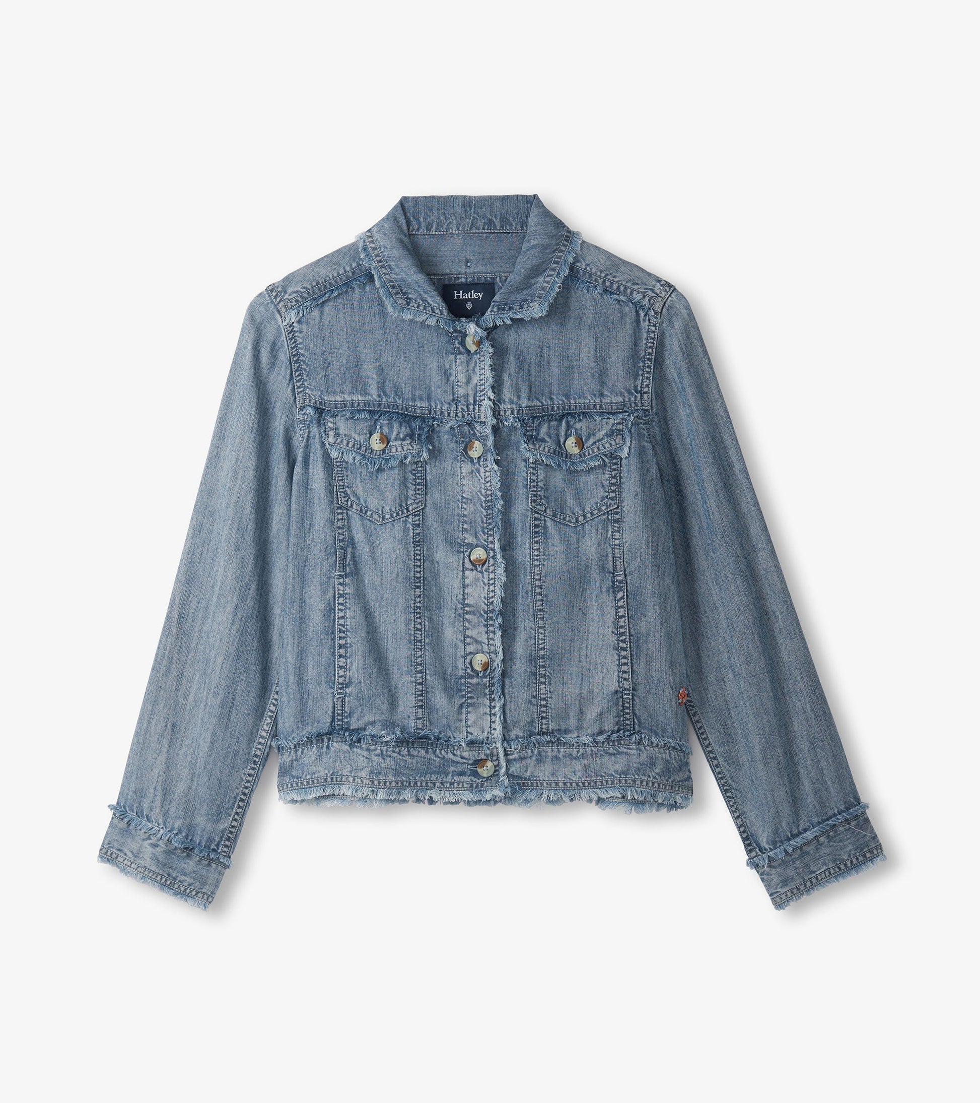 Blue acid wash linen jacket with a collar, button front, and two chest pockets. Features frayed edges and long sleeves.