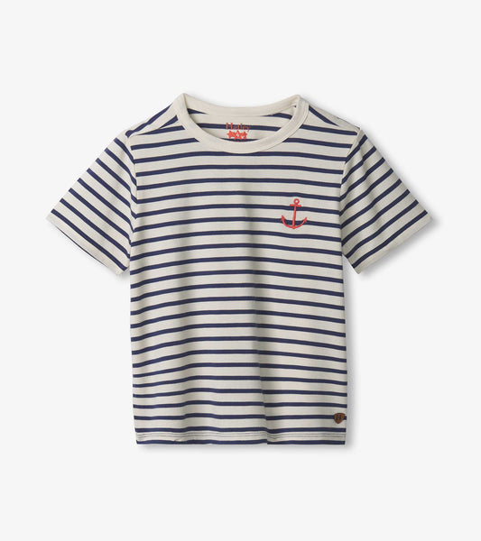 Boys' short-sleeve tee in cream with navy stripes and a red anchor design on the chest.