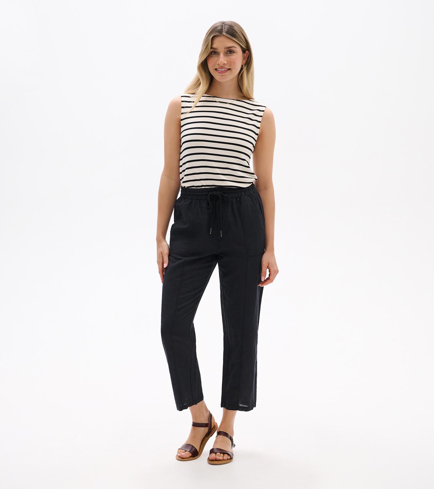 Straight Leg Linen Pants - Black