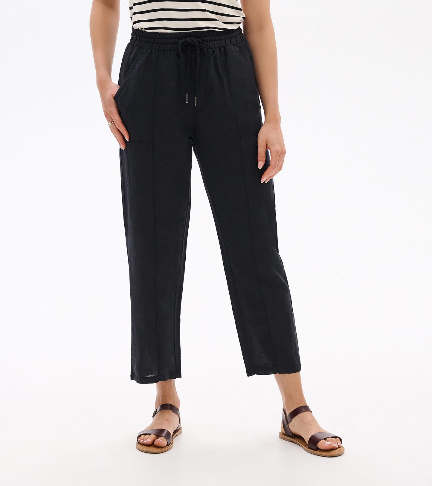 Straight Leg Linen Pants - Black