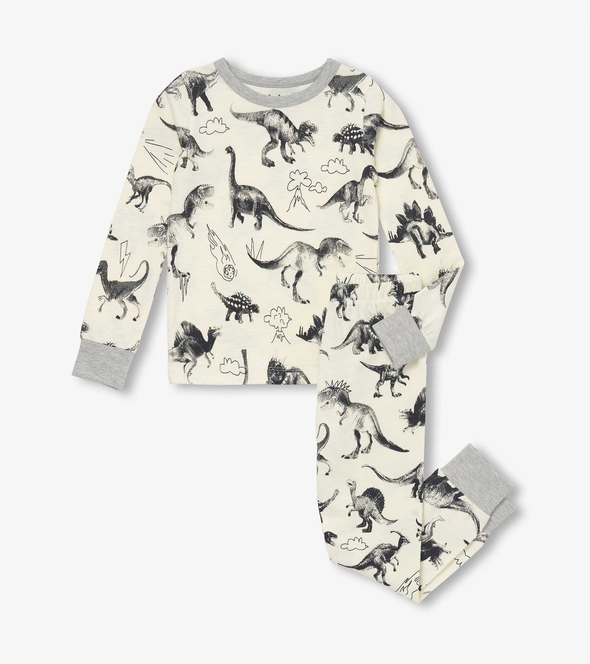 Cream long-sleeve pajama set with black dinosaur print and gray trim, shown laid flat front view