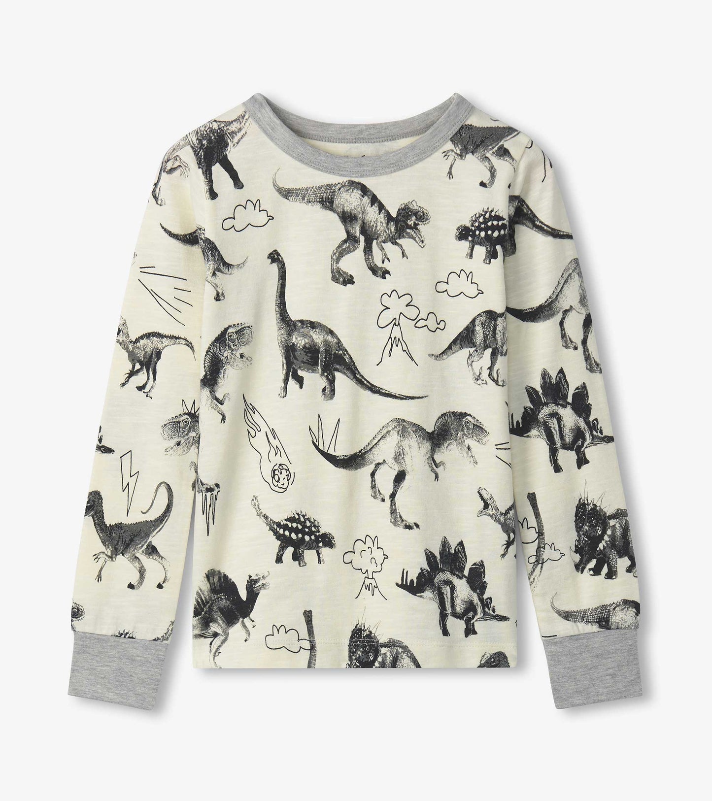 Cream long-sleeve pajama top with gray trim and black dinosaur print, front view