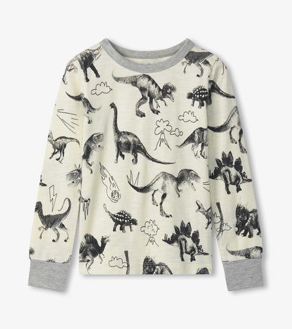 Cream long-sleeve pajama top with gray trim and black dinosaur print, front view