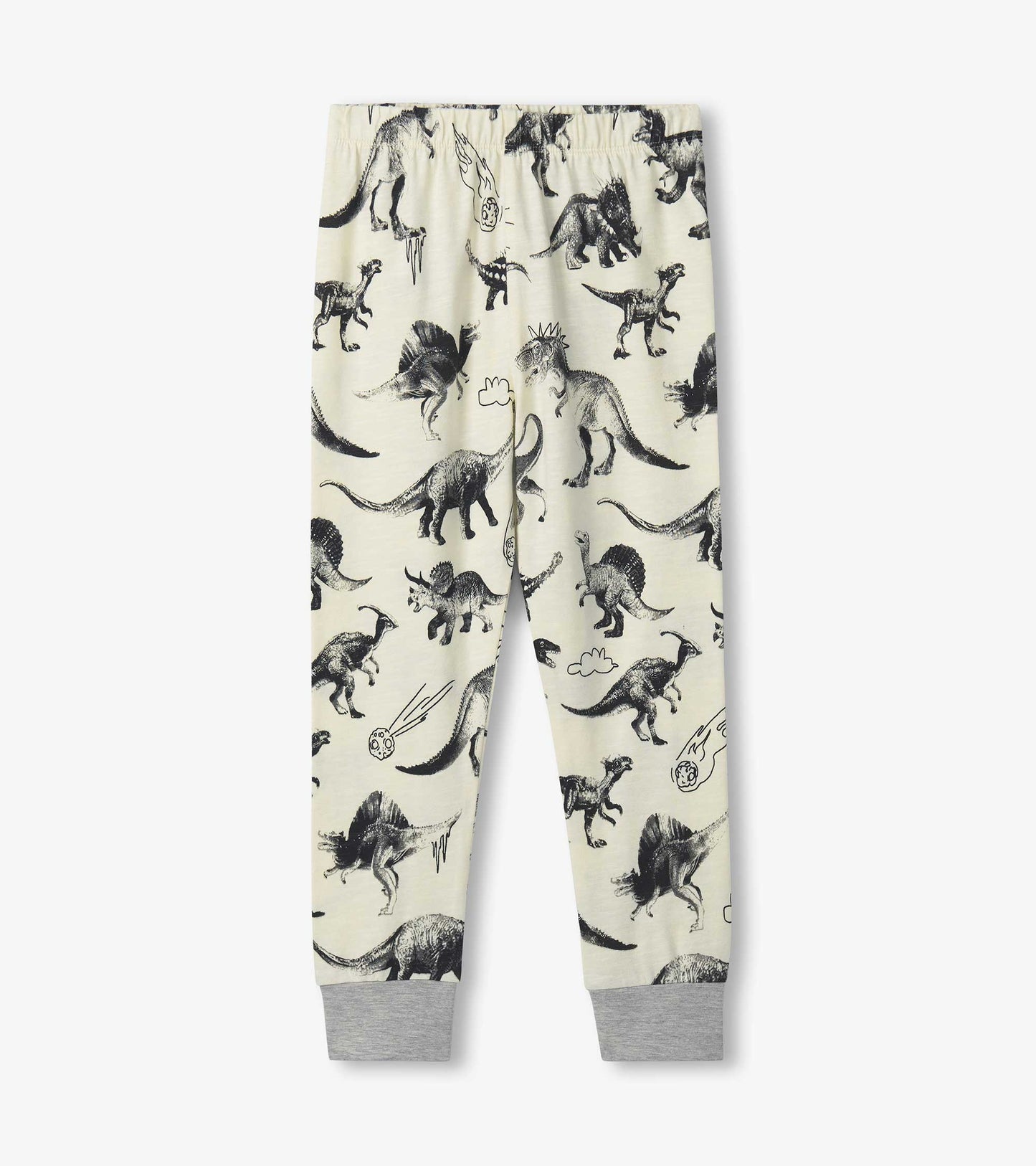 Cream pajama pants with black dinosaur print and gray cuffs, front view