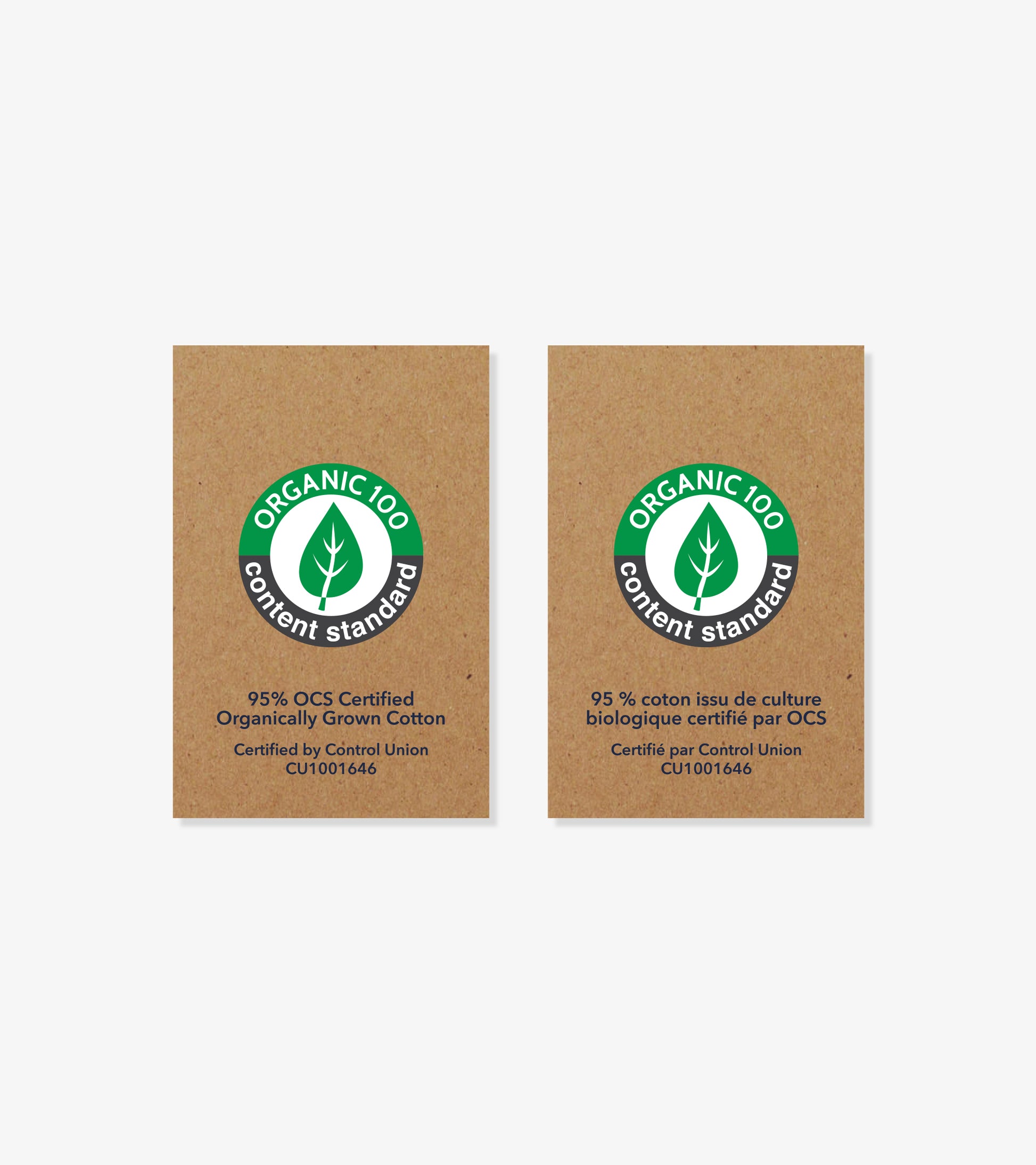 Two organic cotton certification labels on brown cardboard background, side by side