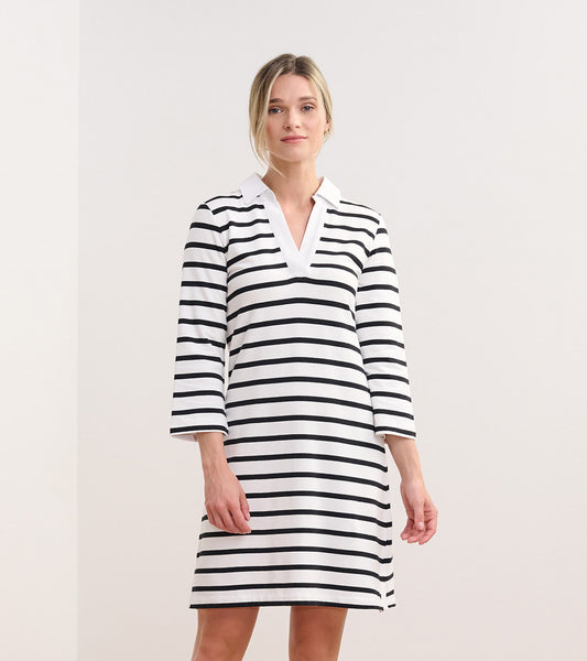 Front view of a white dress with black horizontal stripes, V-neck collar, and three-quarter sleeves.