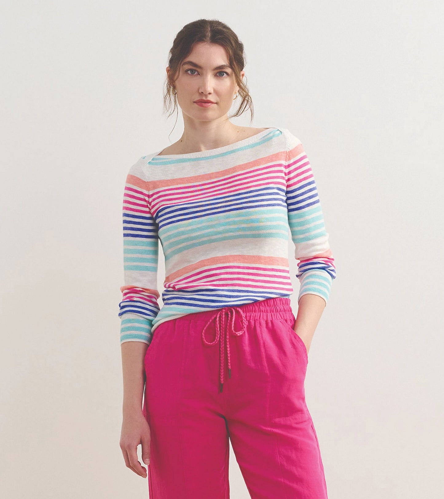 Chandail breton en tricot à manches 3/4 – Rayures cerise