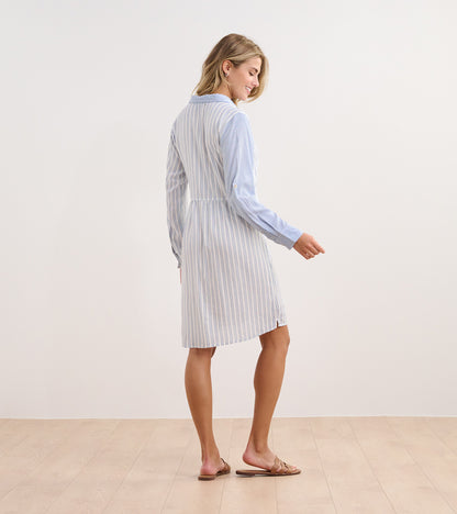 Light blue shirt dress with vertical stripes, long sleeves, and a relaxed fit, shown from the back.