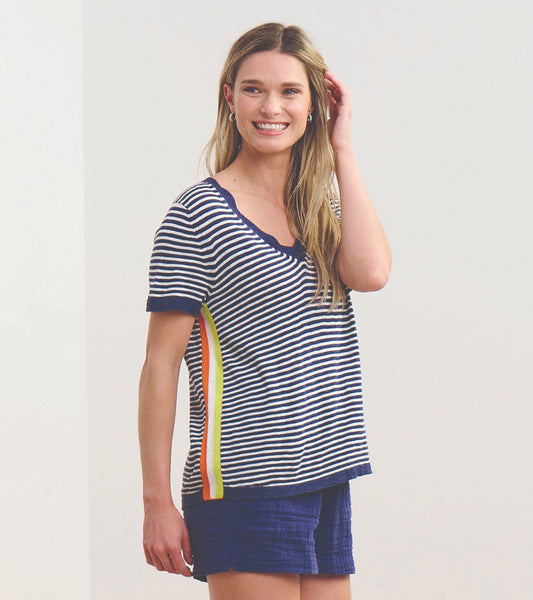 V-Neck Knit Tee - Patriot Blue Stripes