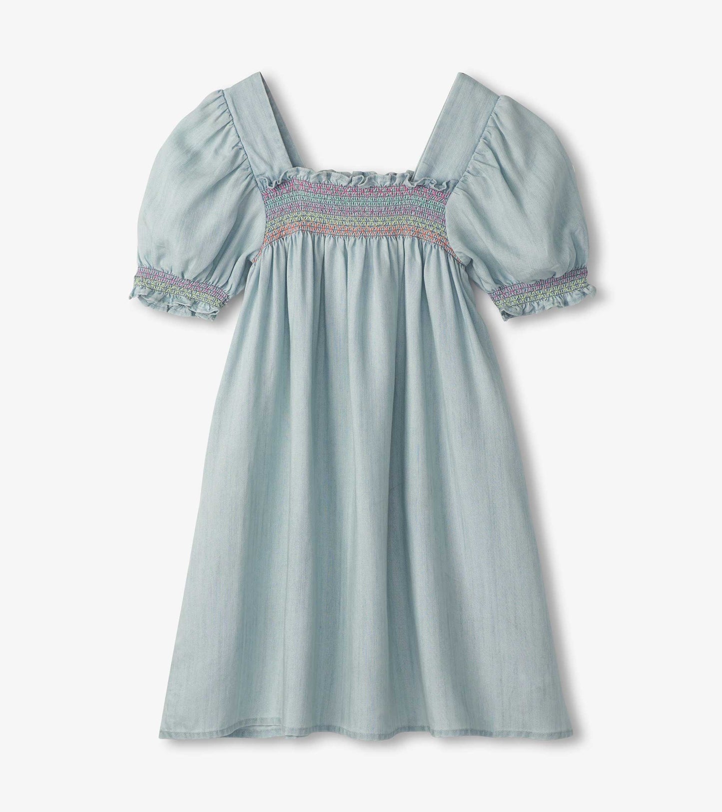 Robe froncée à manches bouffantes – Denim bleu pâle