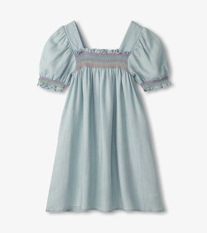 Robe froncée à manches bouffantes – Denim bleu pâle