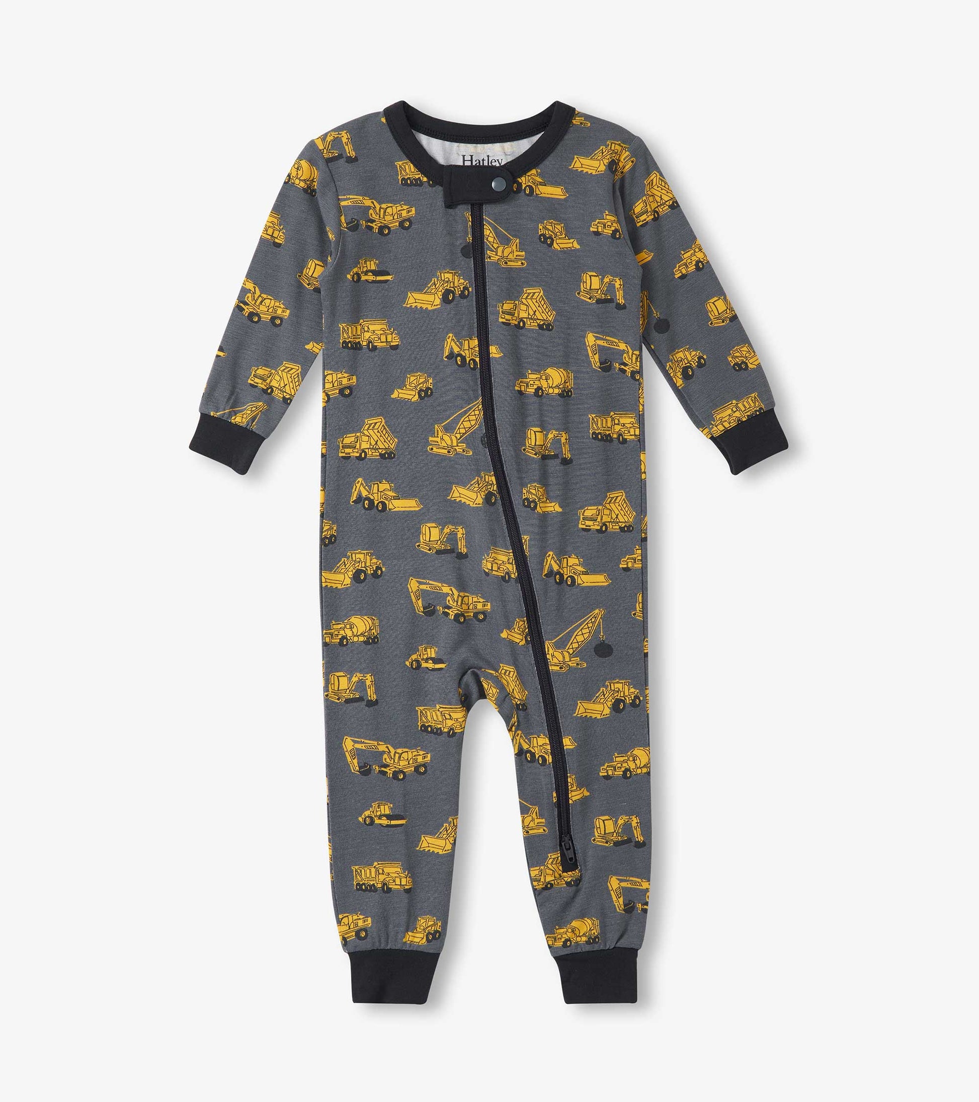 Gray sleeper with yellow construction vehicle prints, featuring long sleeves and a front zipper closure.