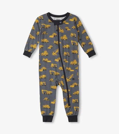 Gray sleeper with yellow construction vehicle prints, featuring long sleeves and a front zipper closure.
