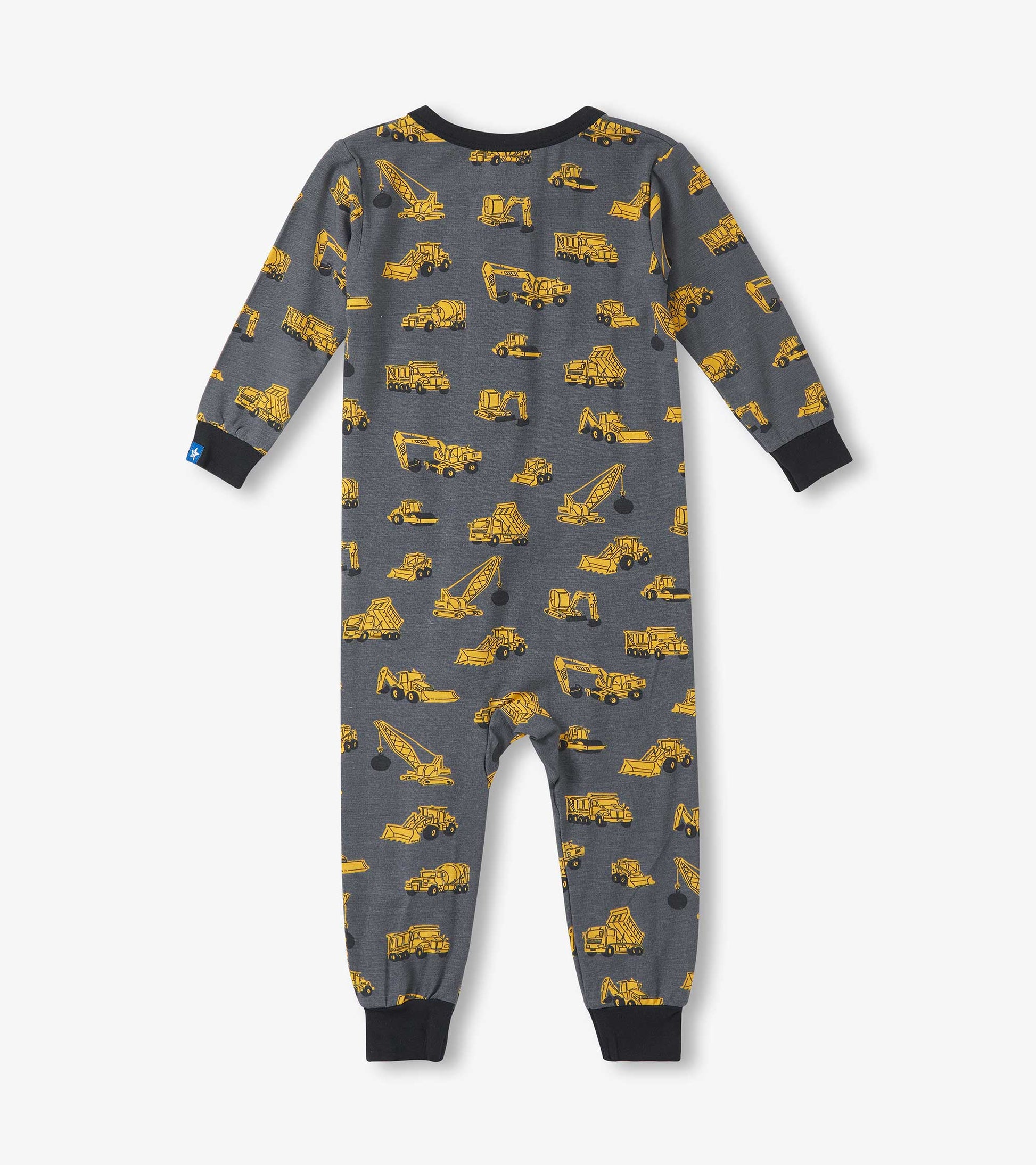 Gray sleeper with yellow construction vehicle print, featuring long sleeves and a round neckline.