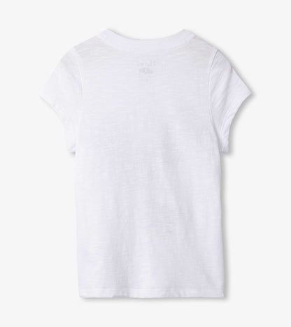 White short-sleeve tee featuring a colorful parrot graphic on the front, suitable for casual wear.