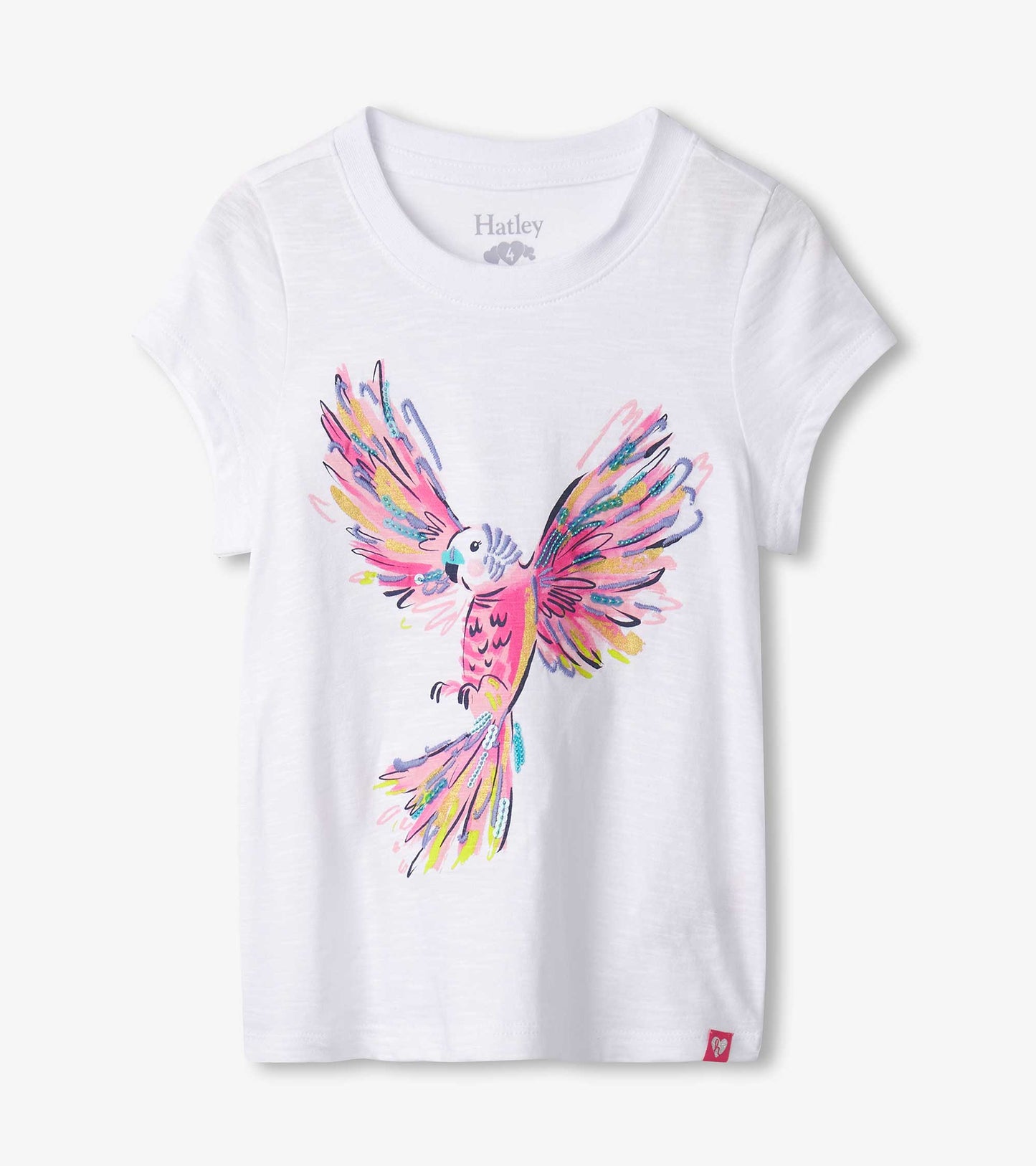 White short-sleeve tee featuring a colorful parrot graphic with vibrant wings and a playful design.