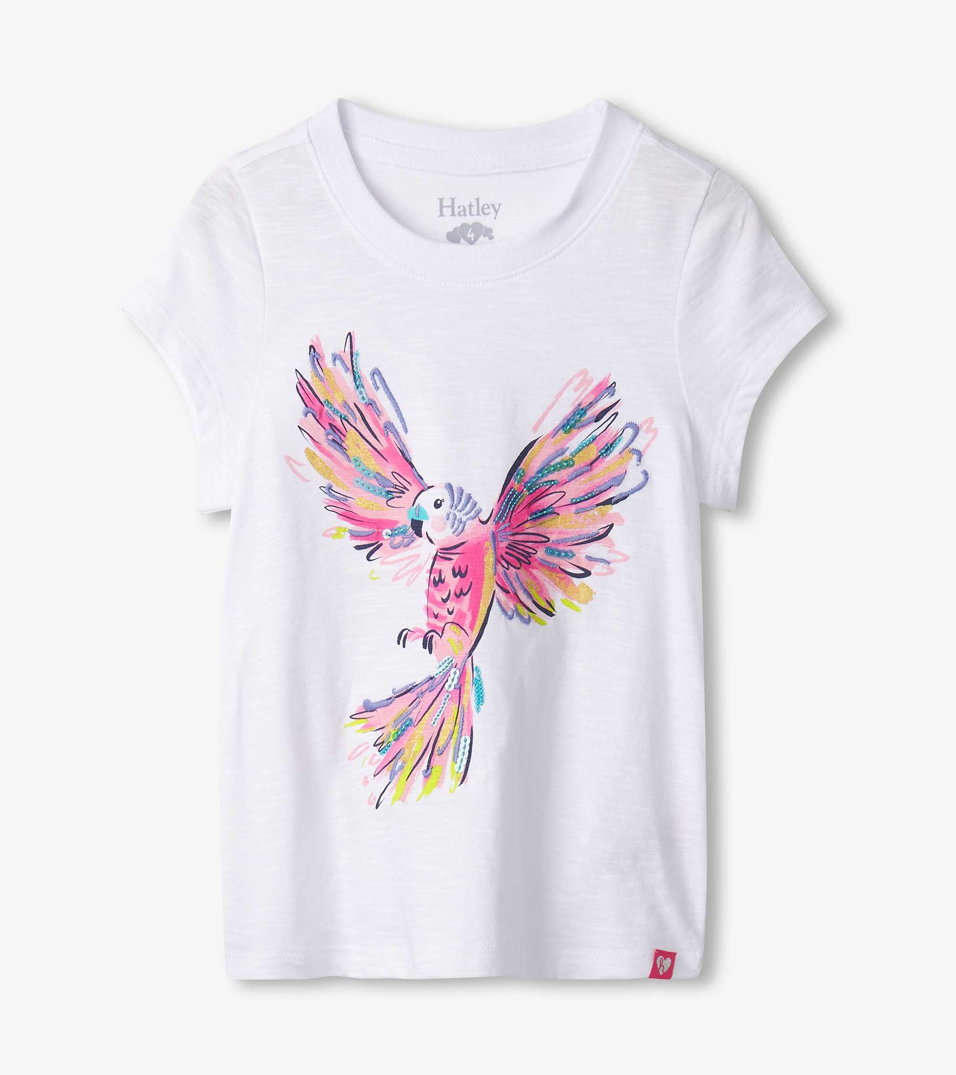 White short-sleeve tee featuring a colorful parrot graphic with vibrant wings and a playful design.