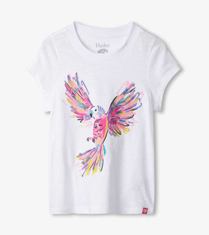 White short-sleeve tee featuring a colorful parrot graphic with vibrant wings and a playful design.